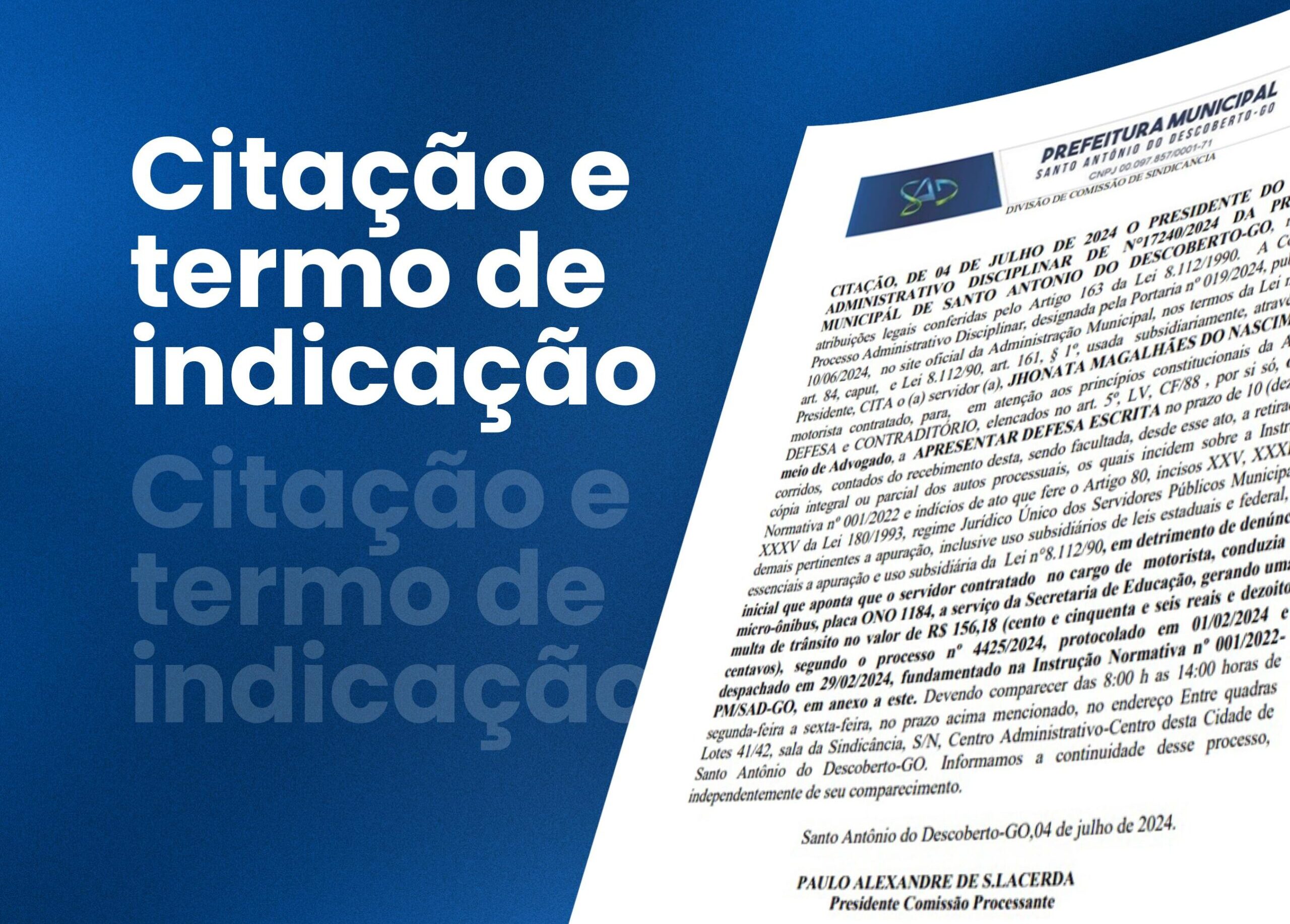 Prefeitura de Santo Antônio do Descoberto-GO notifica servidor sobre Processo Administrativo Disciplinar